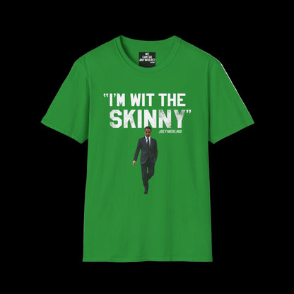 Green t-shirt with text and a graphic of a man in a suit on a white background