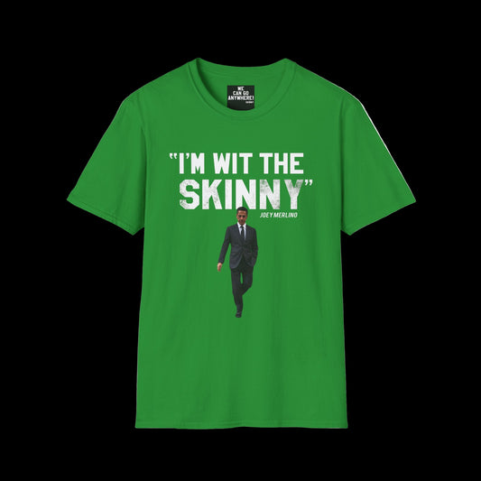 Green t-shirt with text and a graphic of a man in a suit on a white background