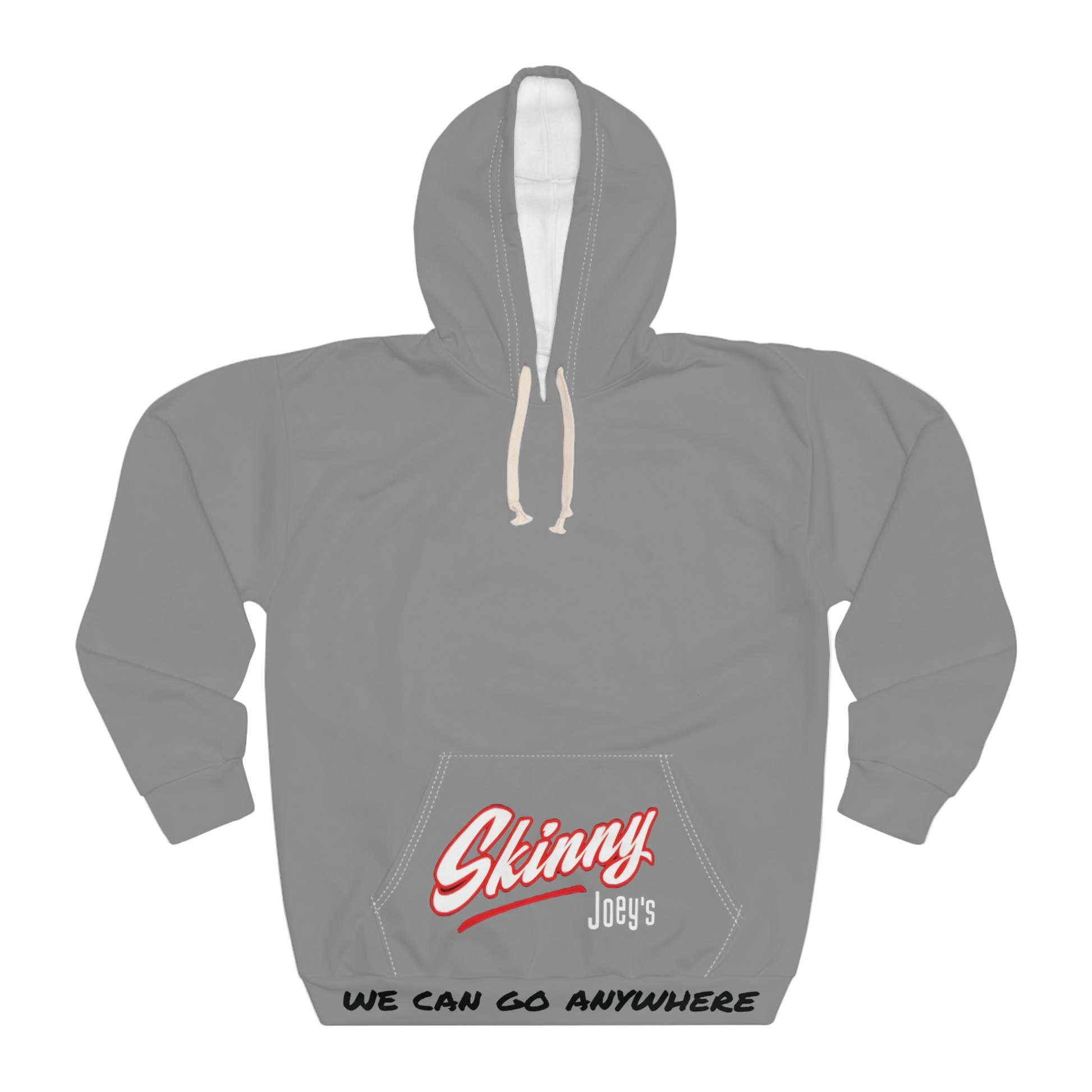 Gray hoodie with 'Skinny Joey's' logo and text on a white background