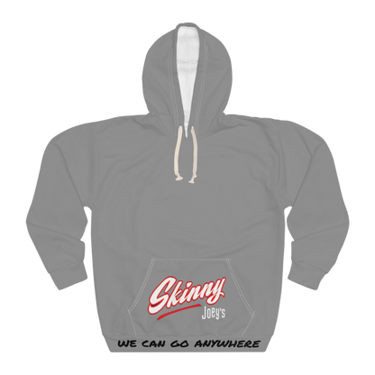 Gray hoodie with 'Skinny Joey's' logo and text on a white background