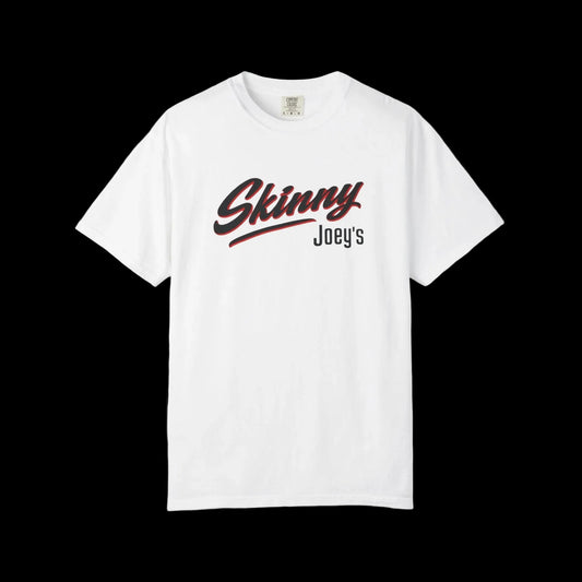 White t-shirt with 'Skinny Joey's' text on a black background