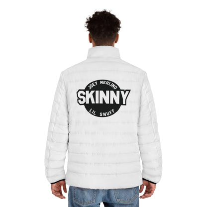 Men's White Puffer Jacket with Red Script Sleeve — Lightweight Quilted Coat