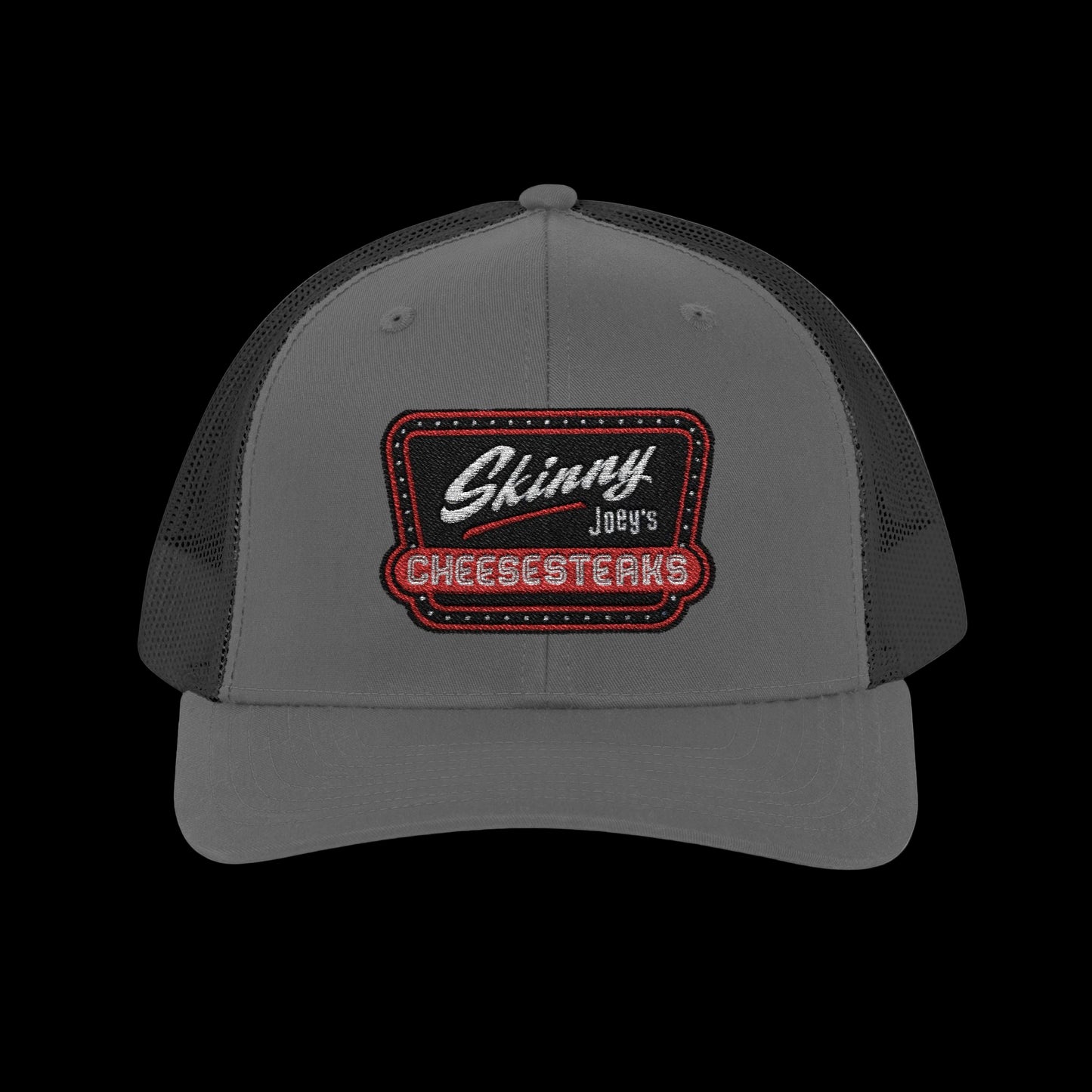 Gray and black trucker hat with 'Skinny Joey's Cheesesteaks' logo on a white background
