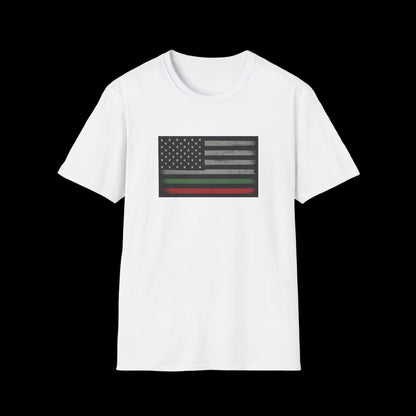 White t-shirt with American flag design featuring thin red, green, and blue line on a white background