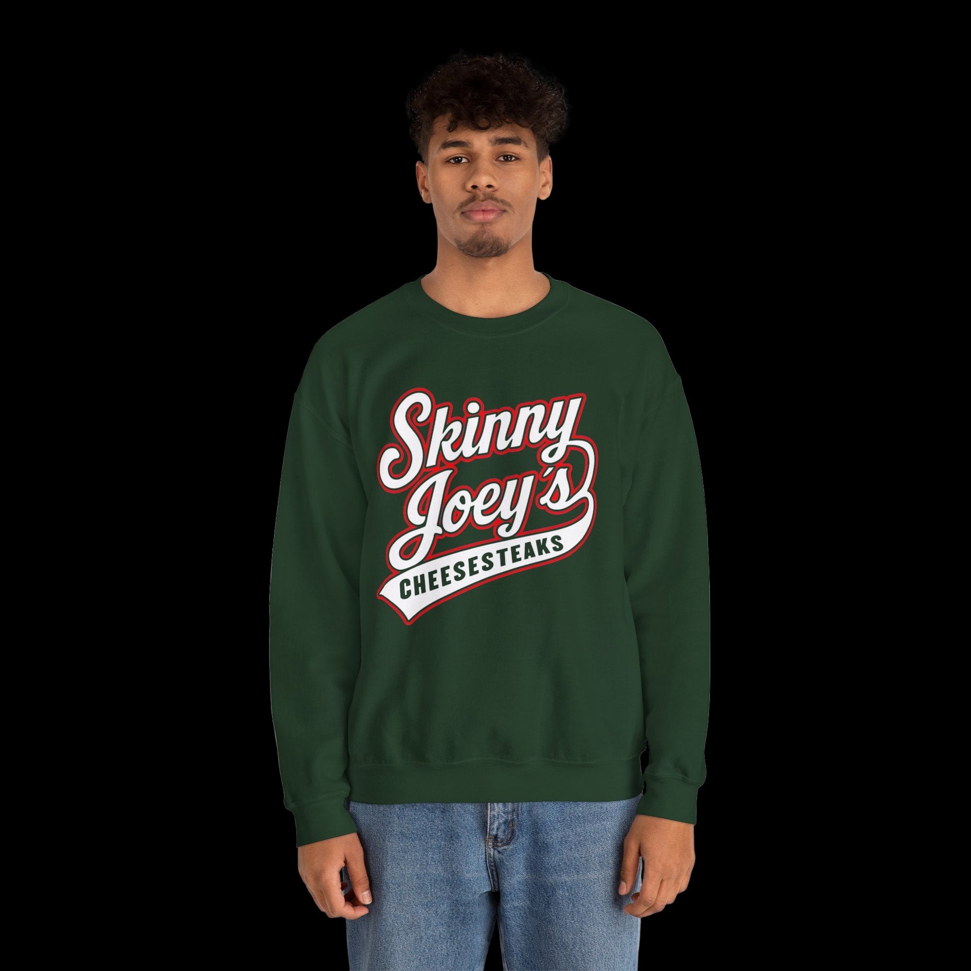 Person wearing a green sweatshirt with 'Skinny Joey's Cheesesteaks' text on a white background