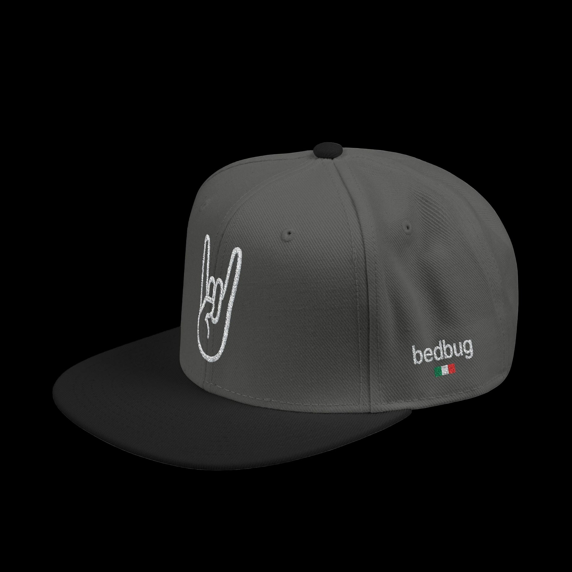 Gray and black cap with 'bedbug' logo on a white background