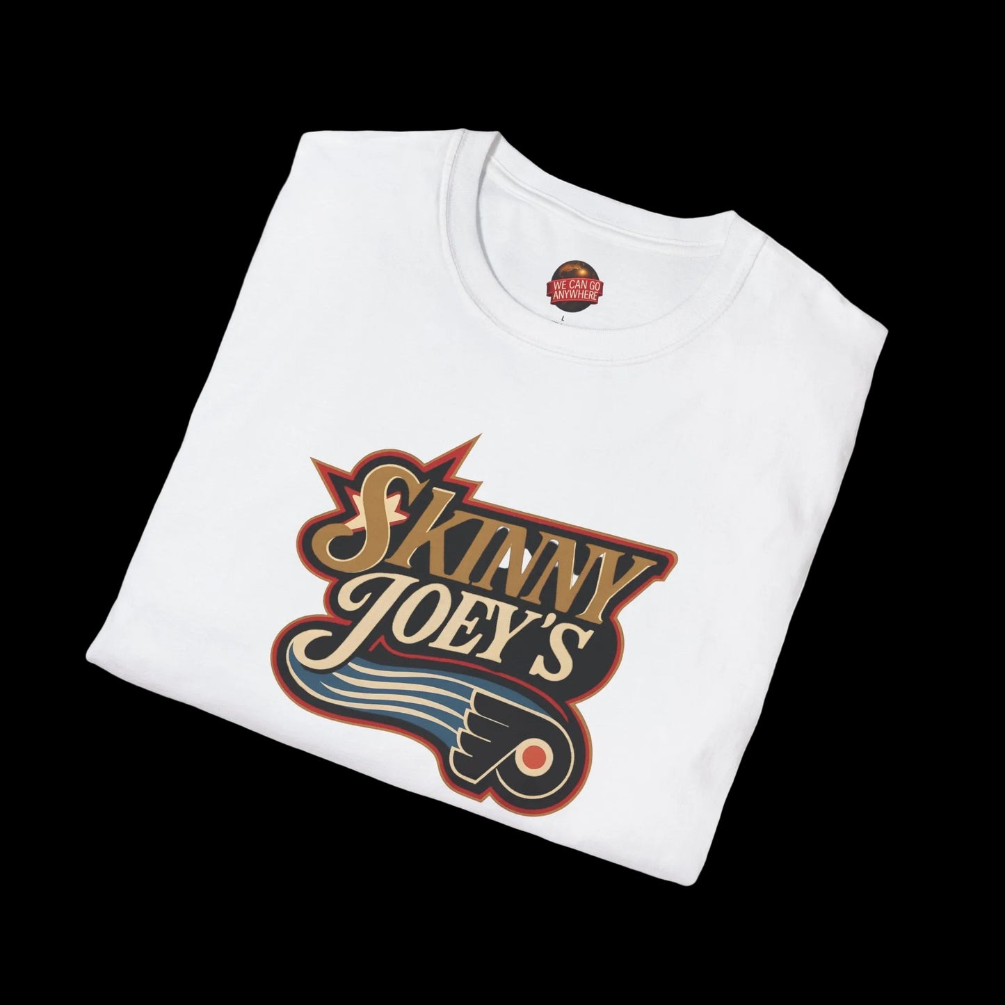 White t-shirt with 'Skinny Joey's' logo on a white background
