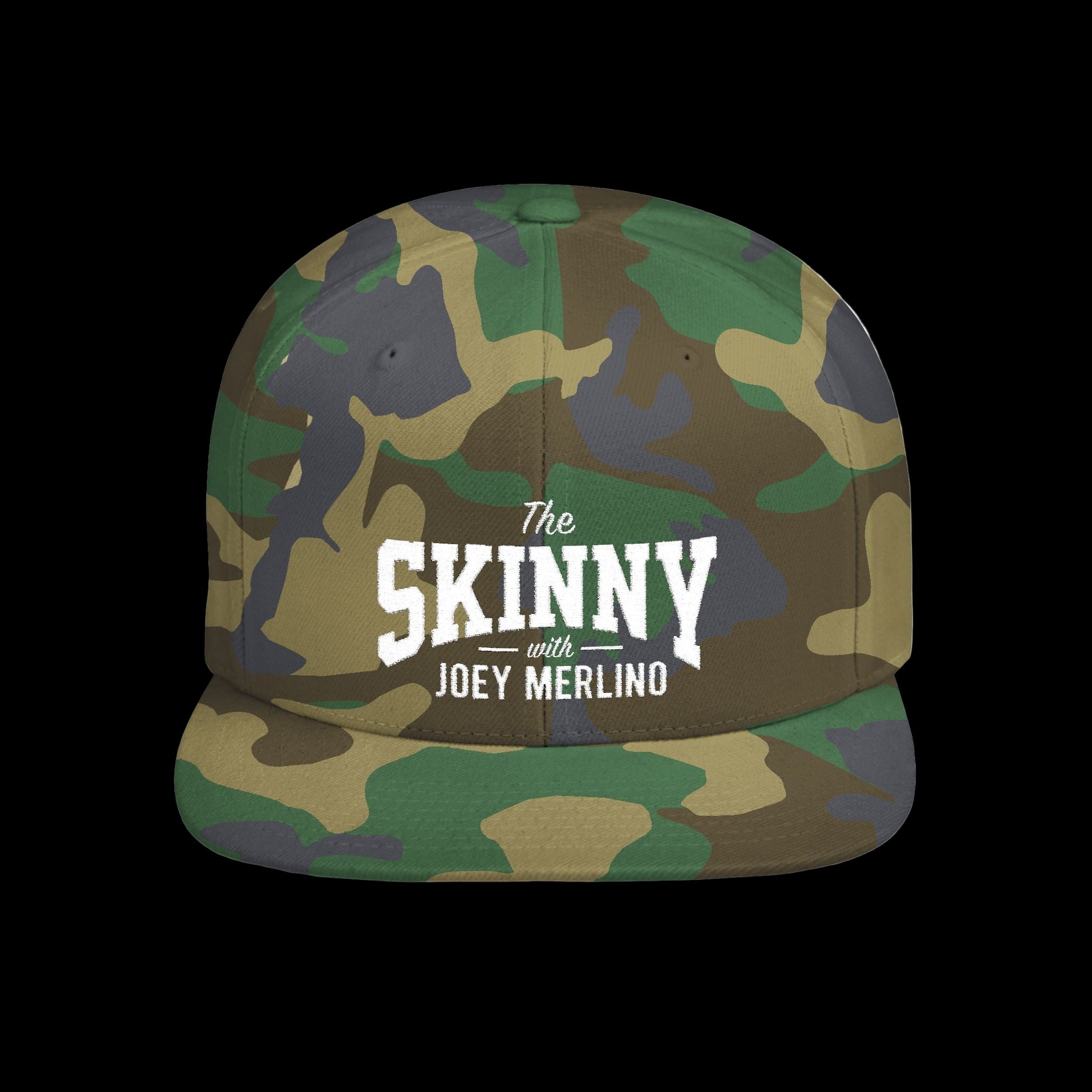 Camouflage cap with 'The Skinny with Joey Merlino' text on a white background