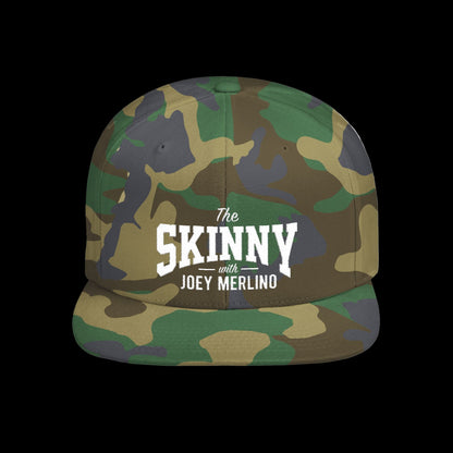 Camouflage cap with 'The Skinny with Joey Merlino' text on a white background