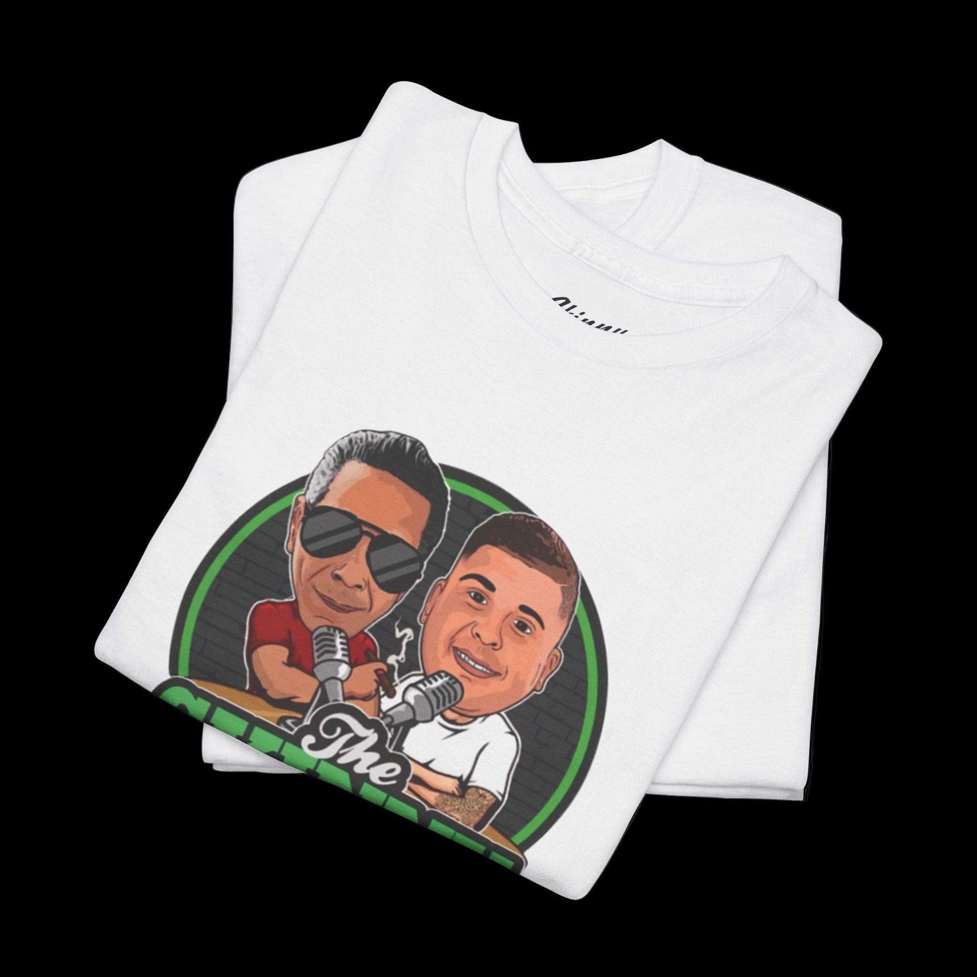 White t-shirt with a graphic design of two caricatured faces and 'The' text on a black background.