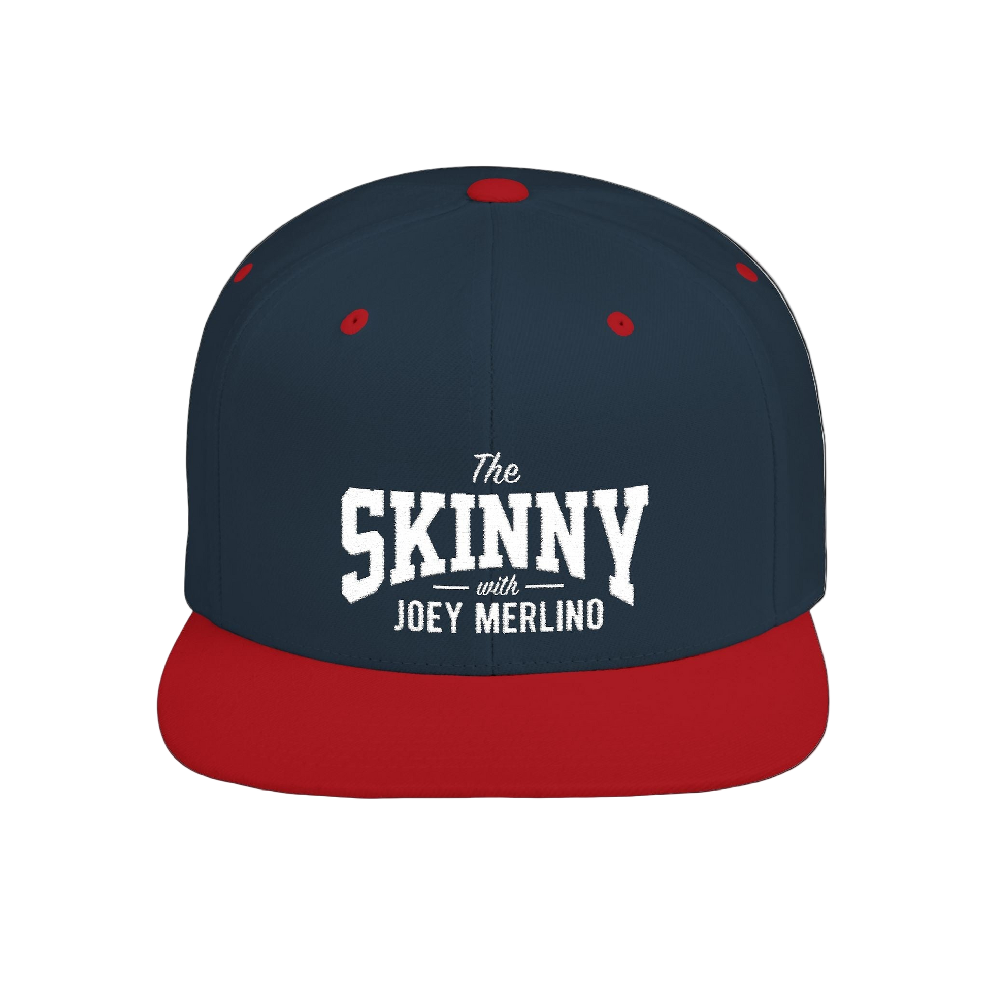 Navy and red cap with 'The Skinny with Joey Merlino' text on a white background