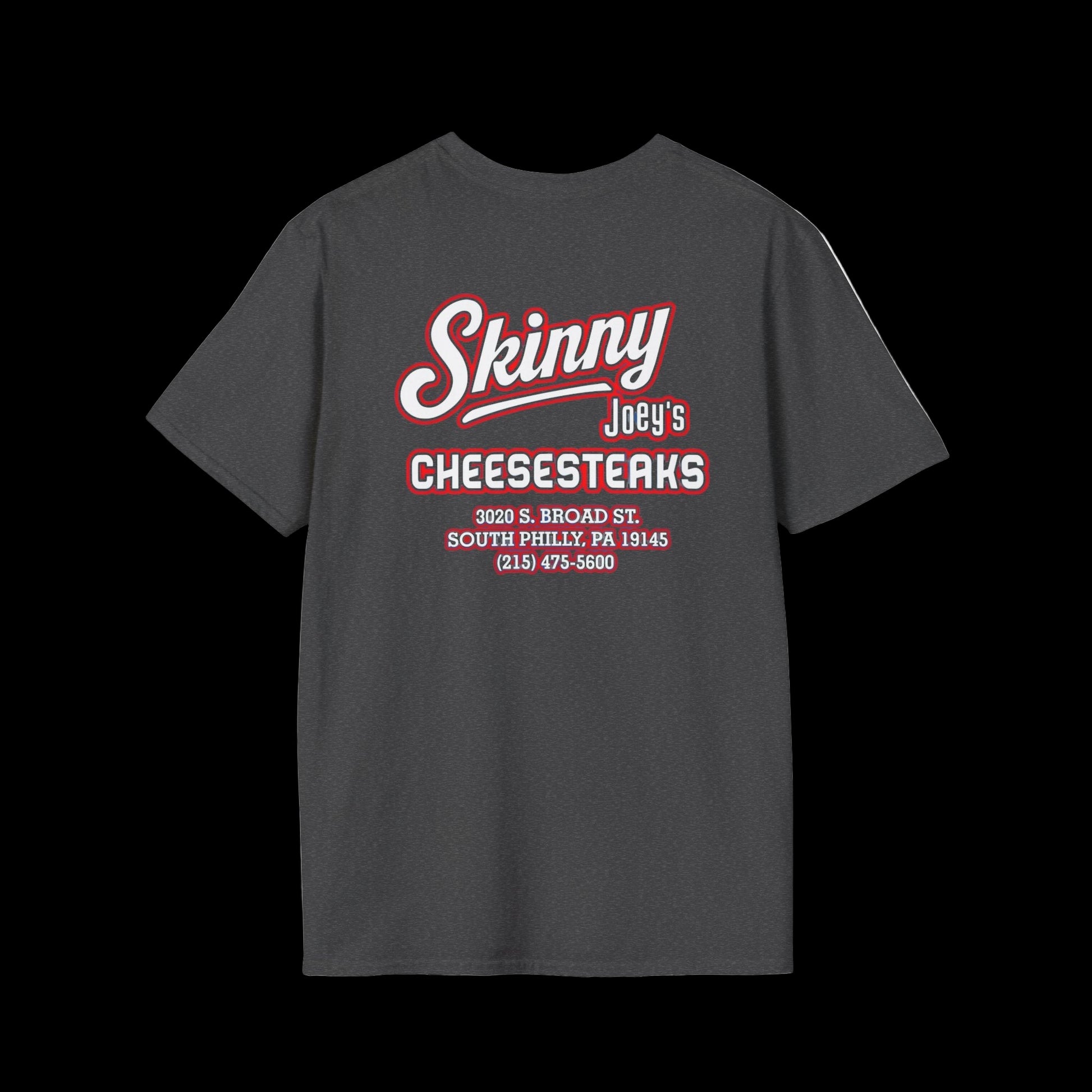 Black t-shirt with red and white text on a white background