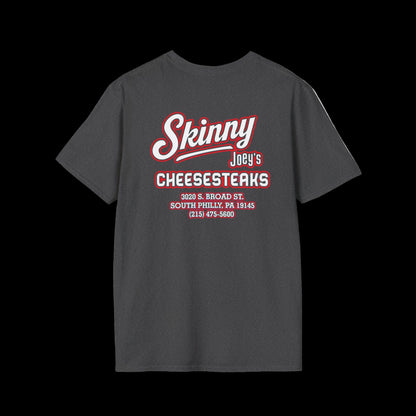 Black t-shirt with red and white text on a white background