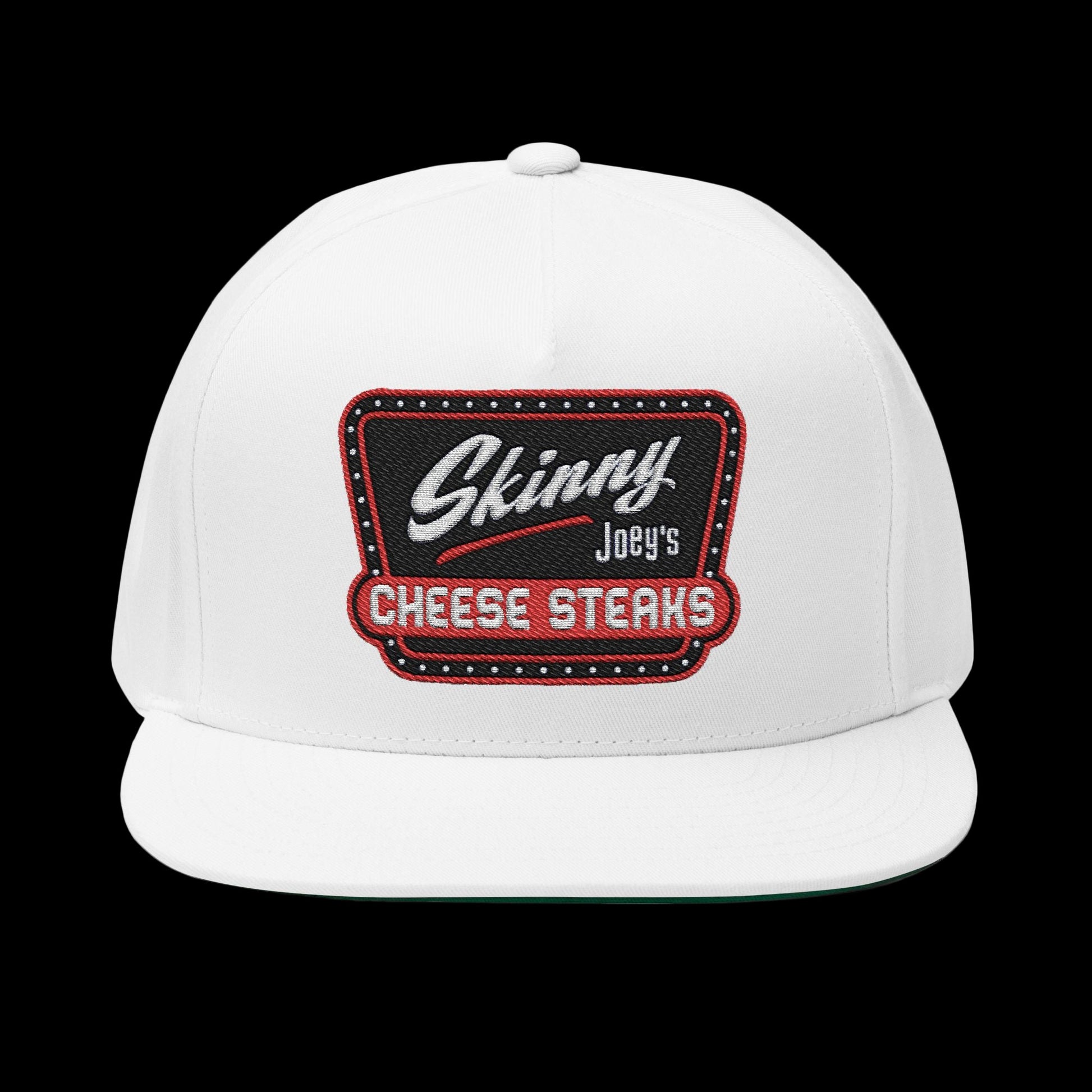 White cap with a 'Skinny Joey's Cheese Steaks' patch on a white background