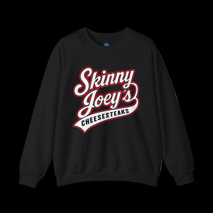 Black sweatshirt with 'Skinny Joey's Cheesesteaks' text on a white background