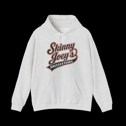 Gray hoodie with 'Skinny Joey's Cheesesteaks' text on a black background