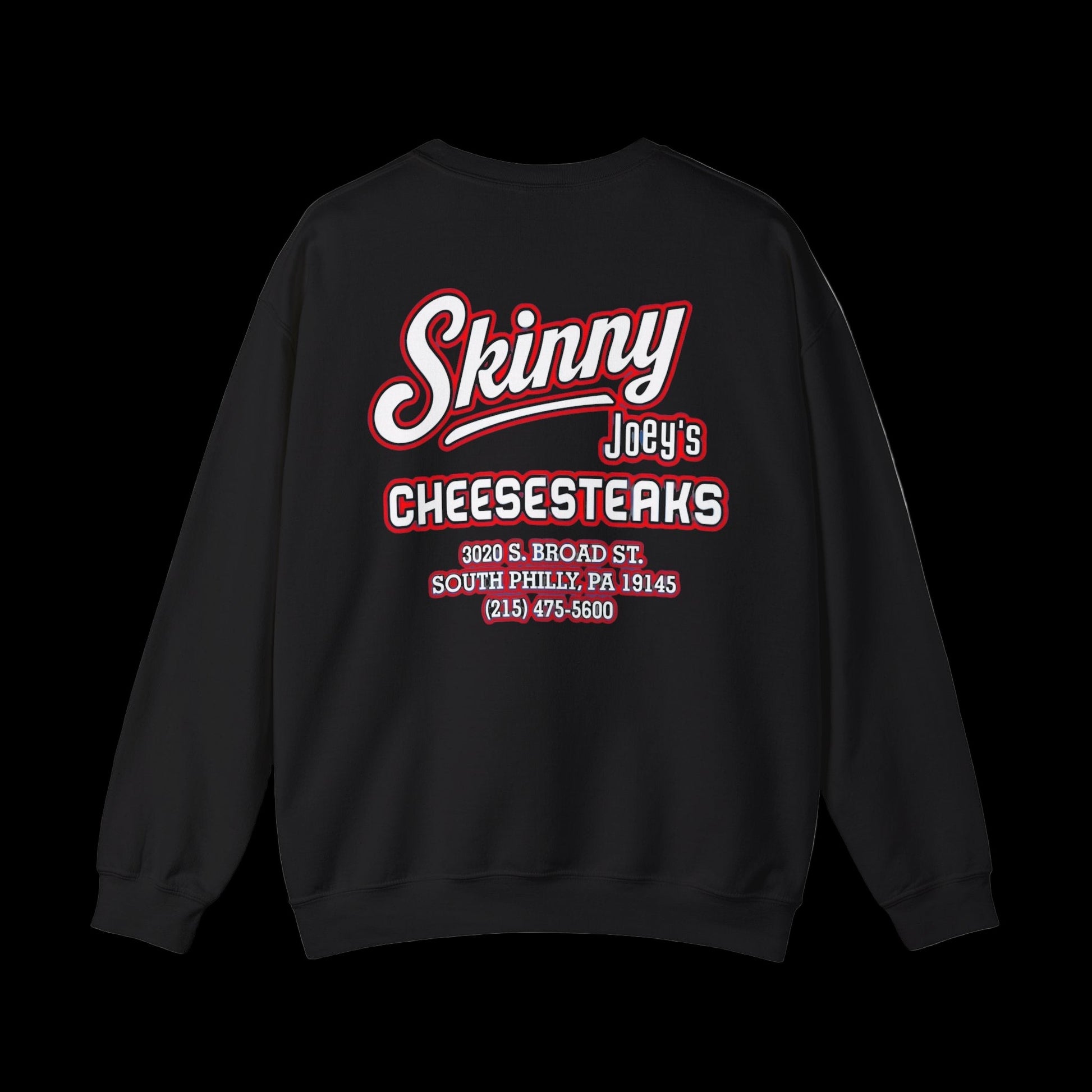 Black sweatshirt with red and white text on the back