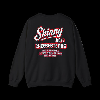 Black sweatshirt with red and white text on the back