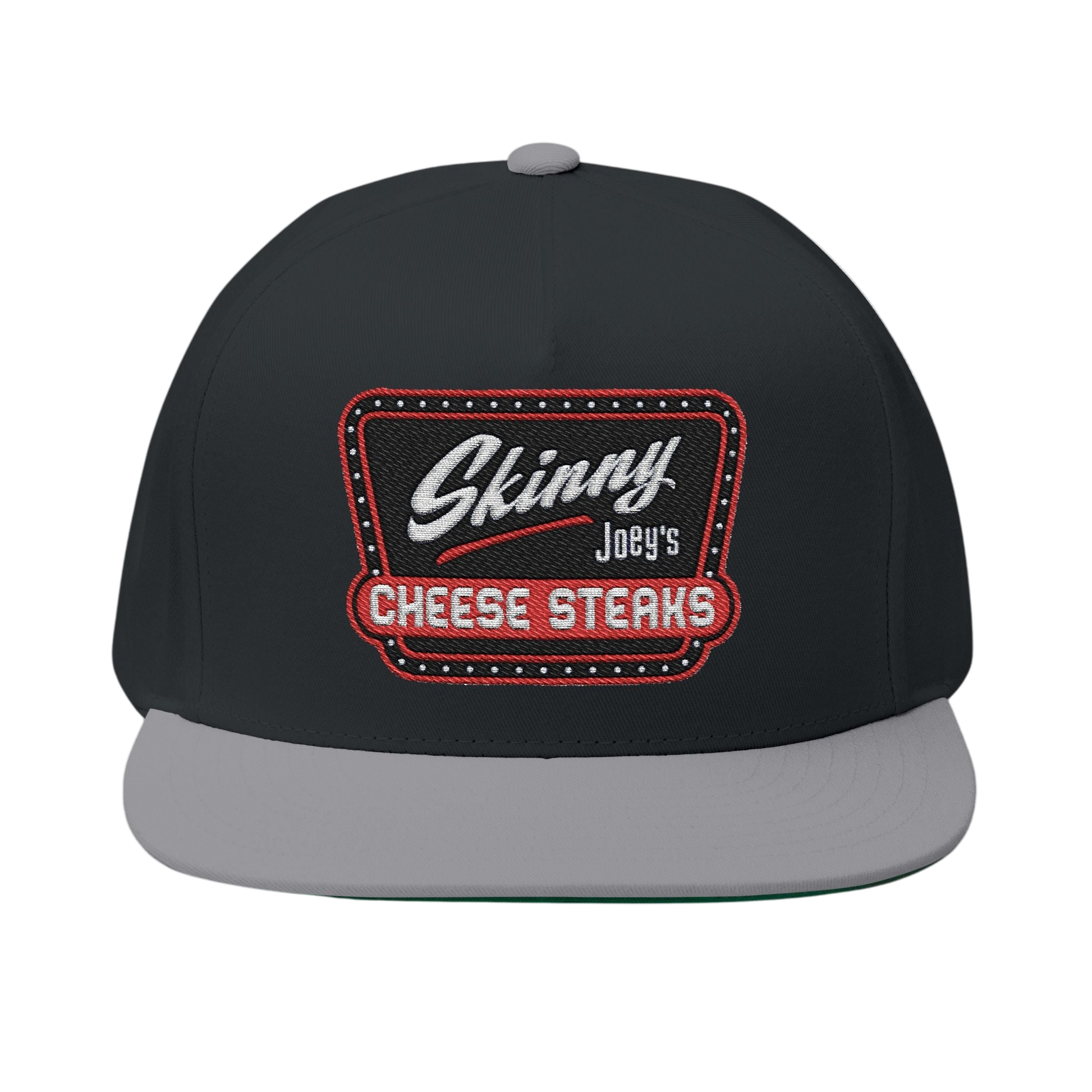 Black and gray cap with 'Skinny Joey's Cheese Steaks' logo on a white background