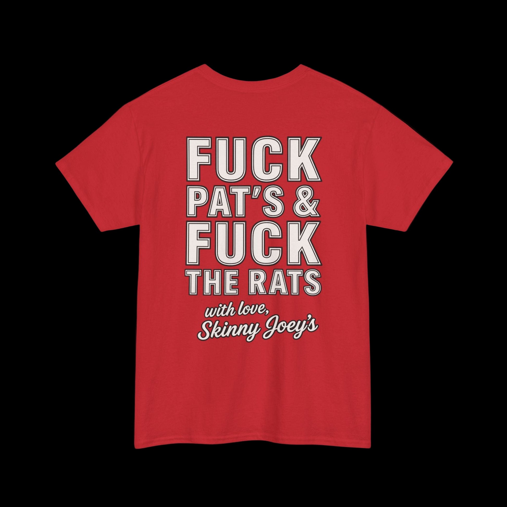 Red t-shirt with white text on a black background