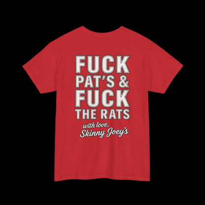 Red t-shirt with white text on a black background