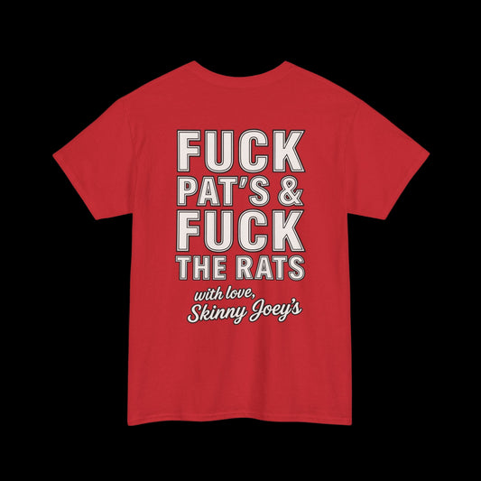 Red t-shirt with white text on a black background