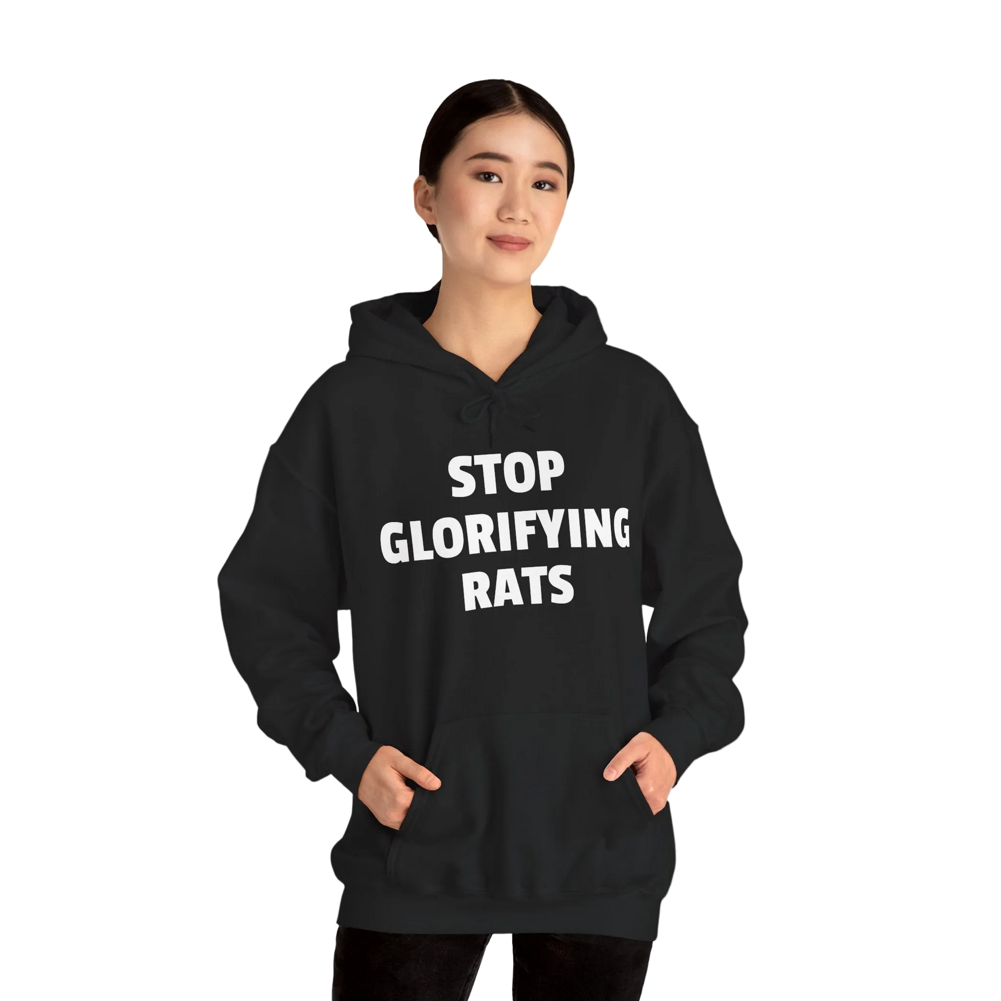 Person wearing a black hoodie with text 'STOP GLORIFYING RATS' on a white background