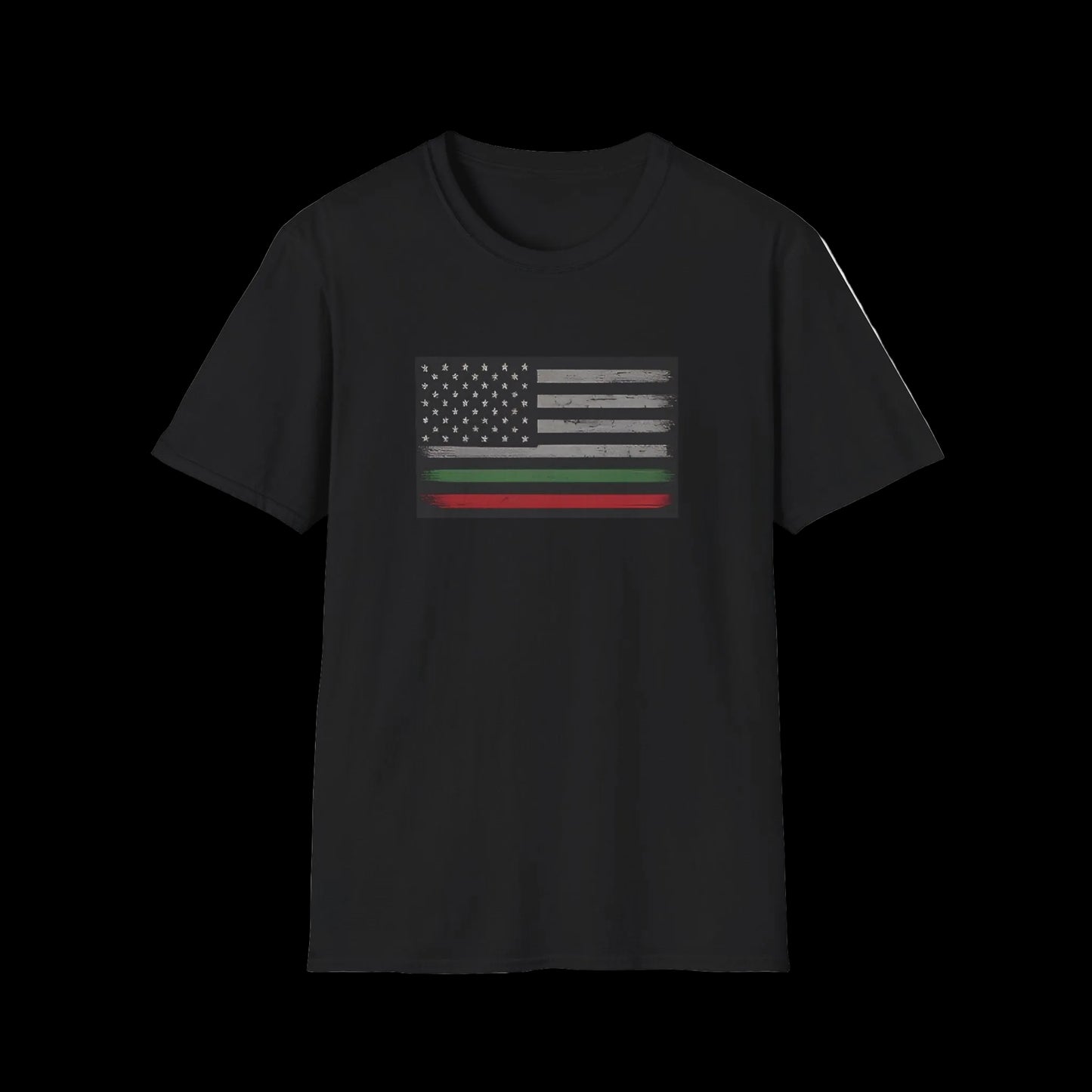 Black t-shirt with a flag design on a white background