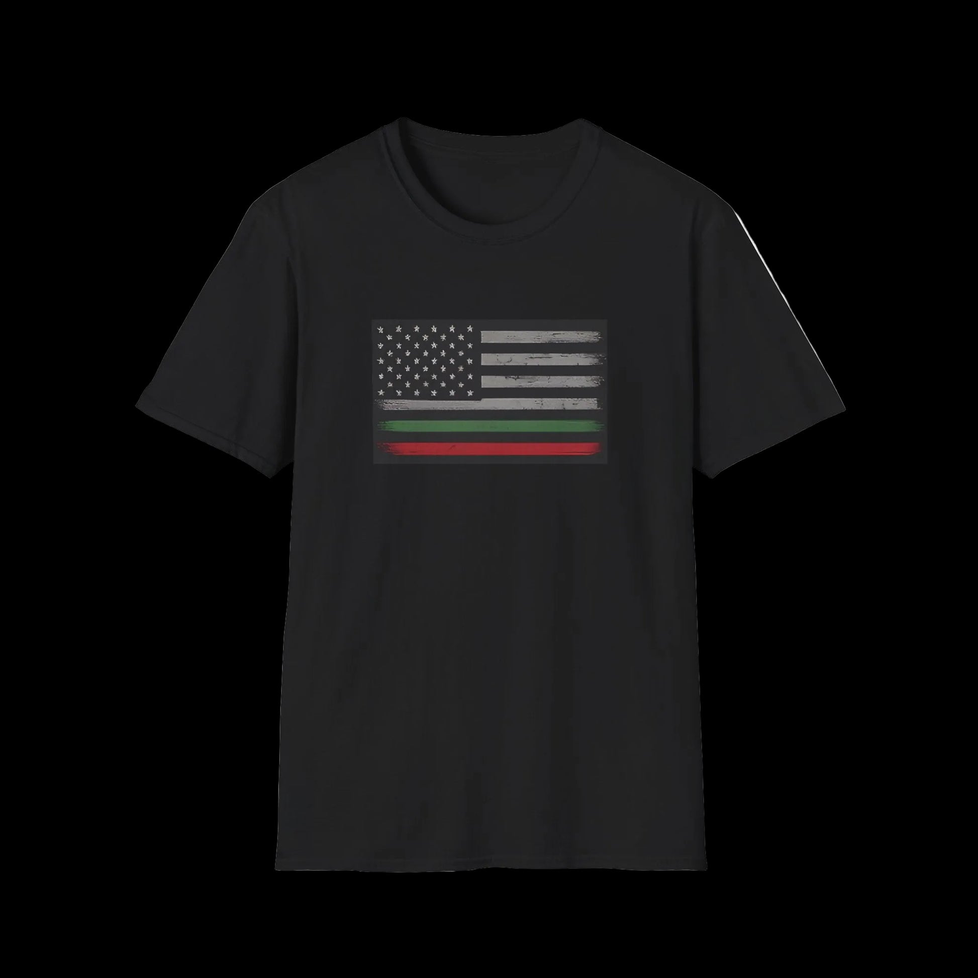 Black t-shirt with a flag design on a white background