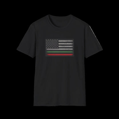 Black t-shirt with a flag design on a white background