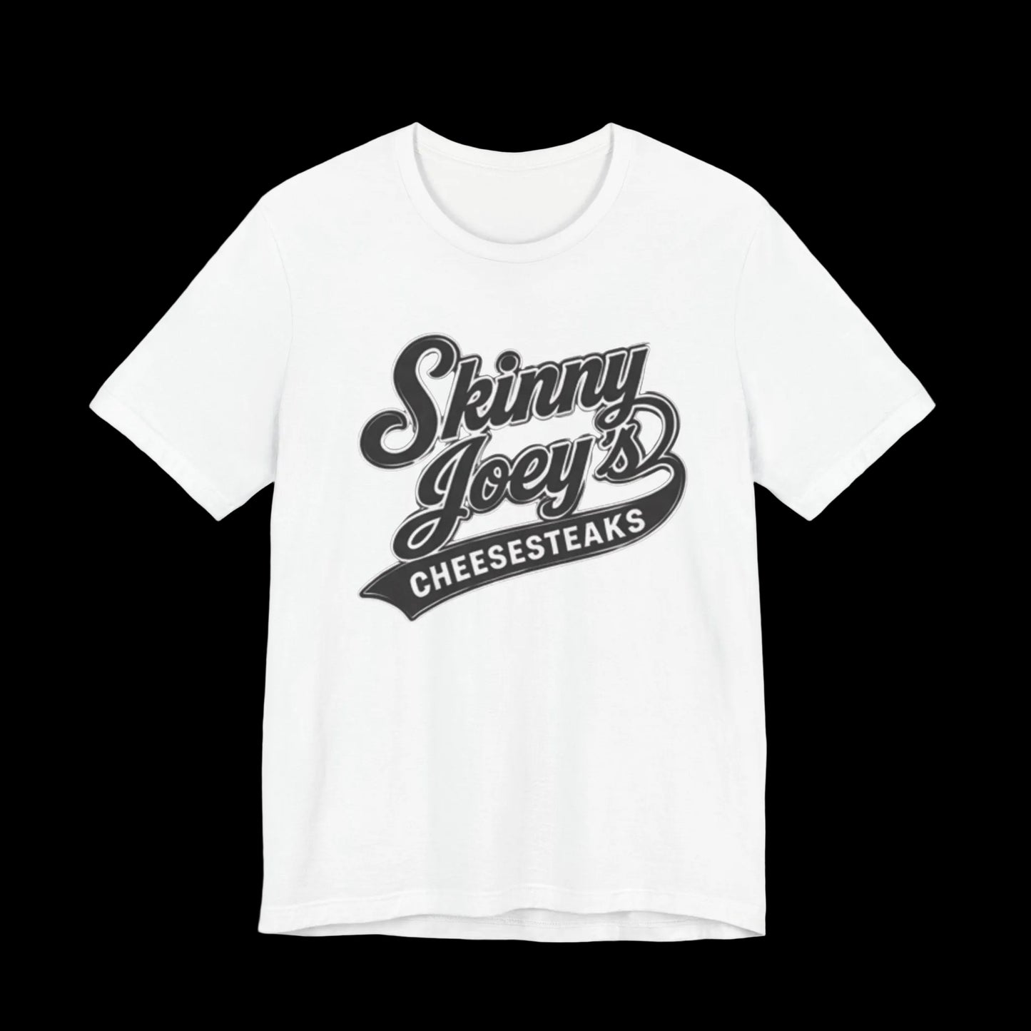 White t-shirt with 'Skinny Joey's Cheesesteaks' text on a white background