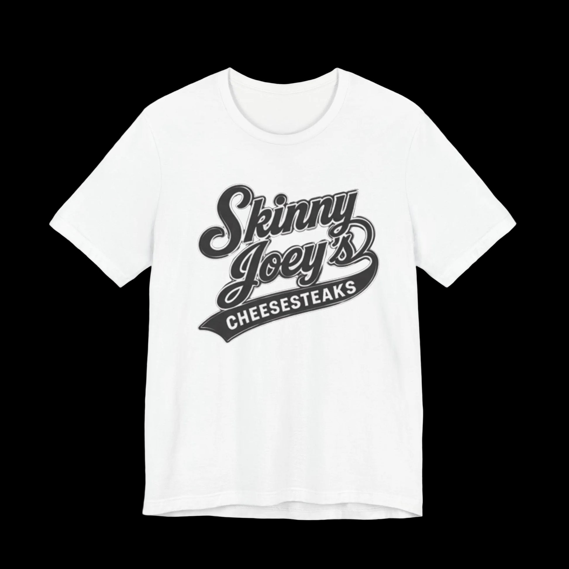 White t-shirt with 'Skinny Joey's Cheesesteaks' text on a white background