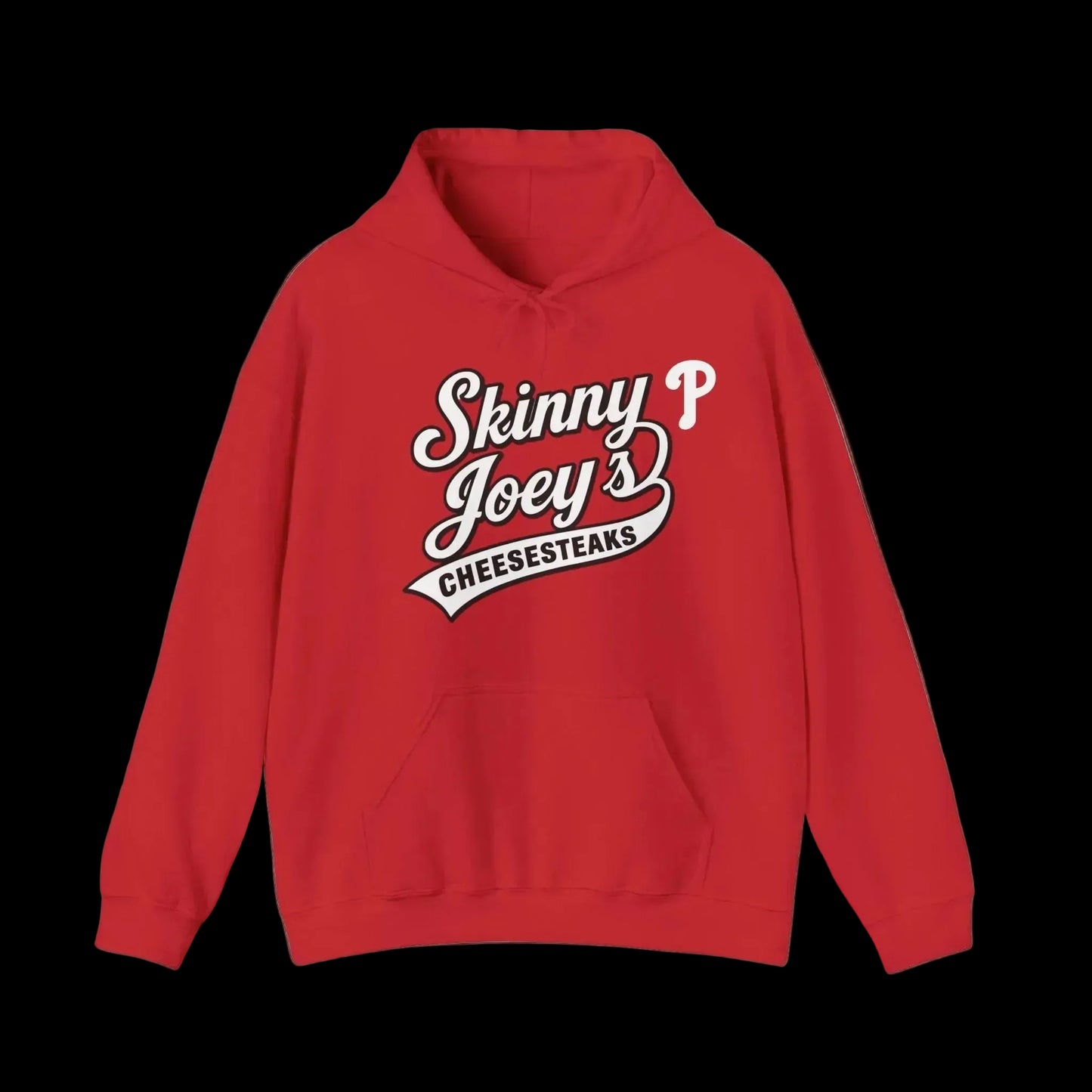 Red hoodie with 'Skinny P Joey's Cheesesteaks' text on a black background
