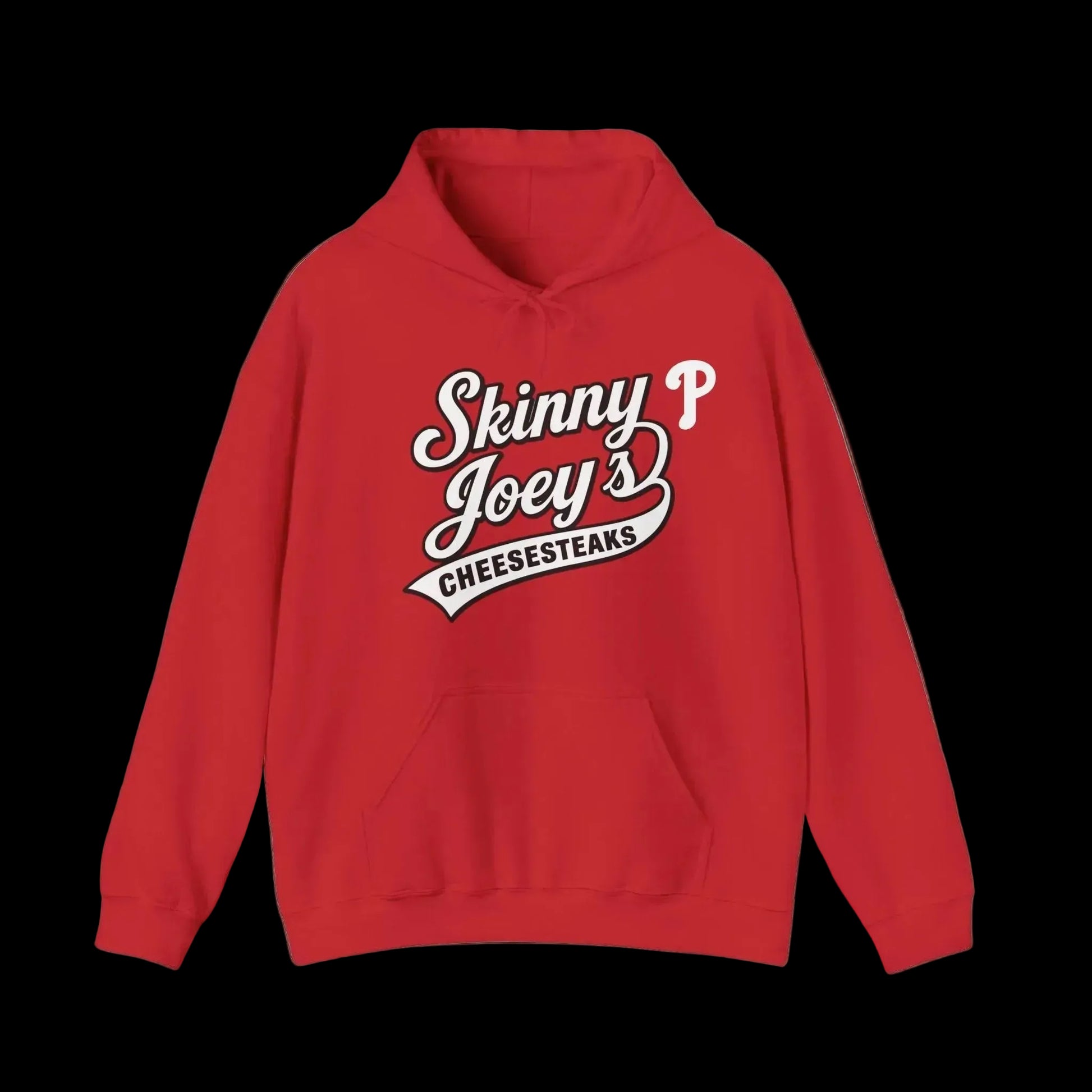 Red hoodie with 'Skinny P Joey's Cheesesteaks' text on a black background