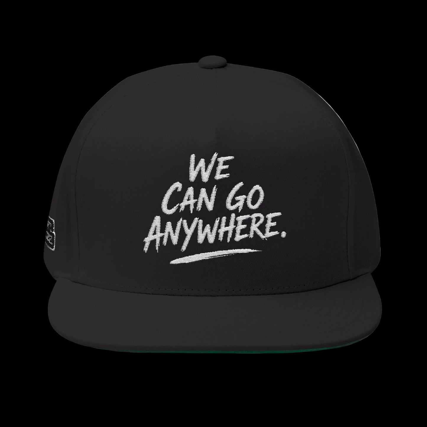 Black cap with 'We Can Go Anywhere' text on a white background