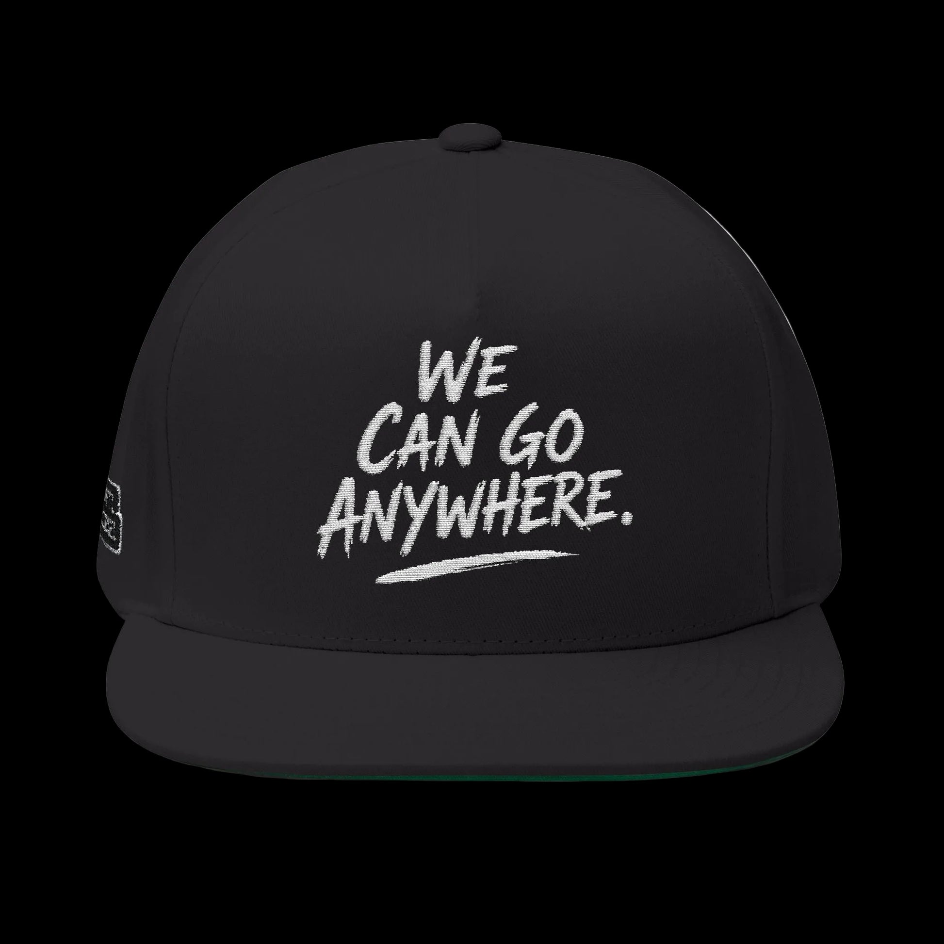 Black cap with 'We Can Go Anywhere' text on a white background