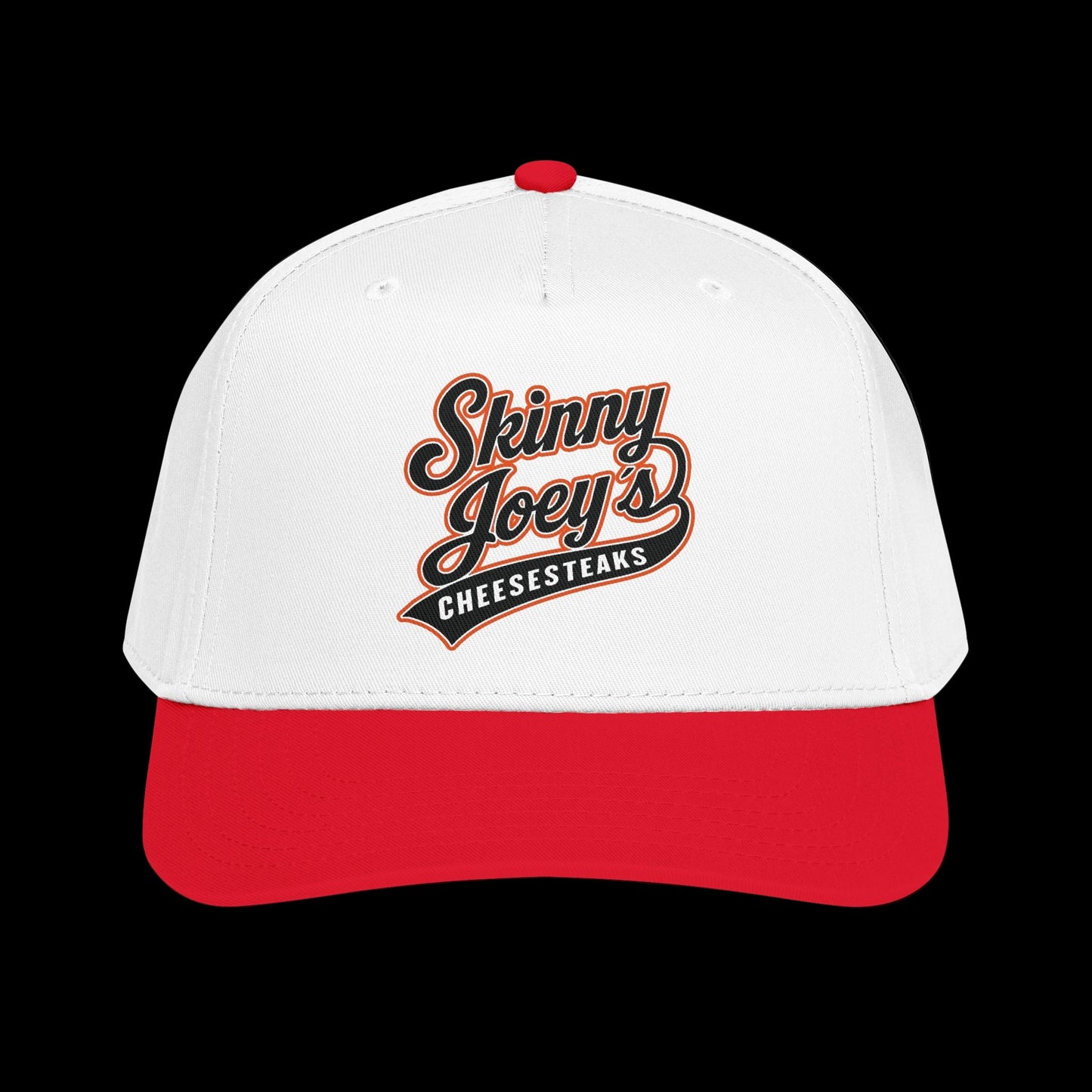White and red cap with 'Skinny Joey's Cheesesteaks' logo on a black background