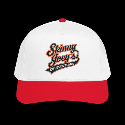 White and red cap with 'Skinny Joey's Cheesesteaks' logo on a black background
