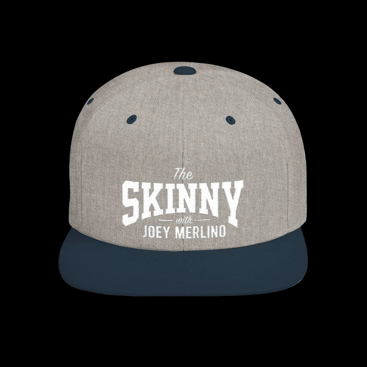 The Skinny with Joey Merlino embroidered cap in heather grey and navy, The Skinny Podcast with Joey Merlino & Lil Snuff merch