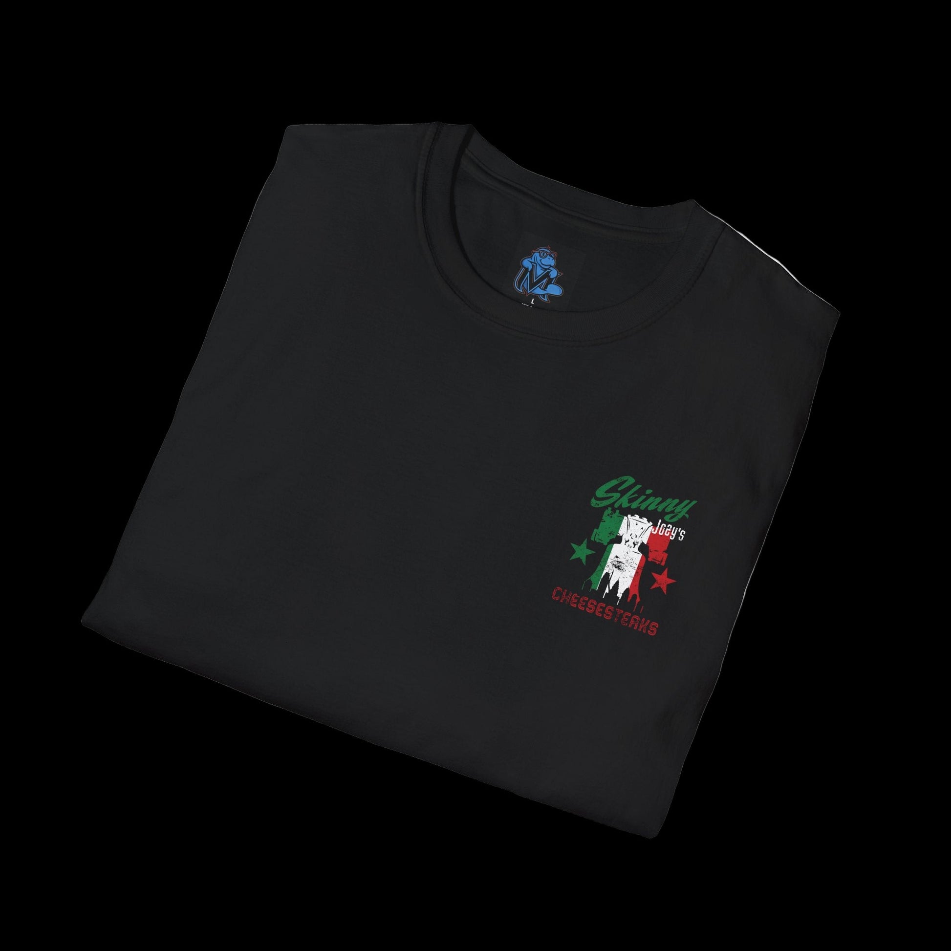 Black t-shirt with a graphic design on a white background