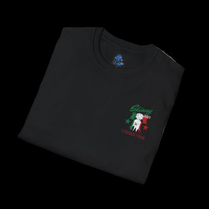 Black t-shirt with a graphic design on a white background