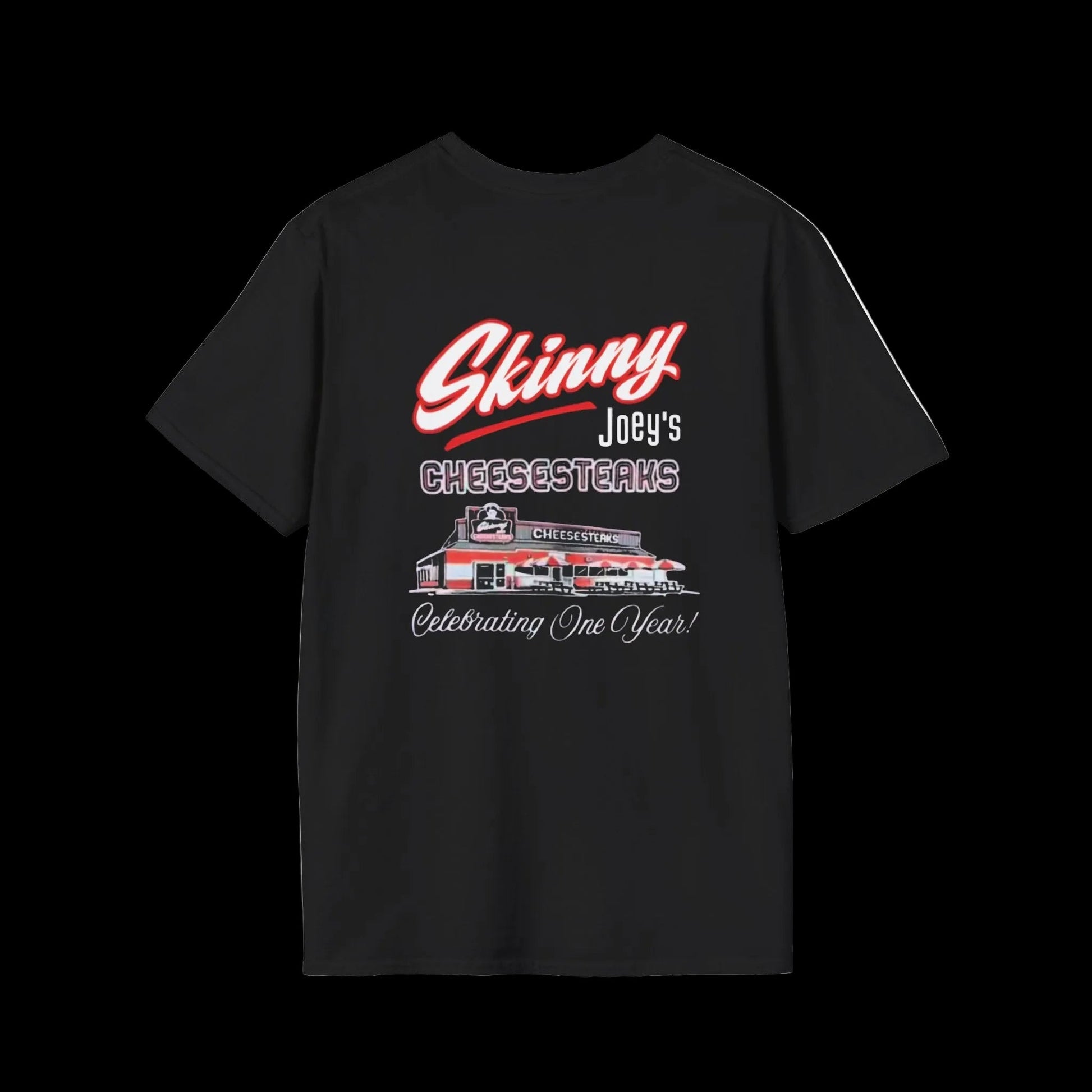 1 Year Anniversary Skinny Joeys Cheesesteaks T-Shirt - side view - Skinny Joey's Cheesesteaks