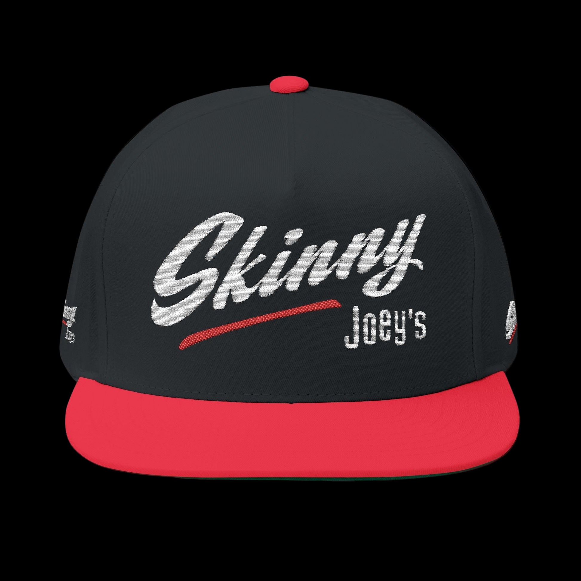 Black and red cap with 'Skinny Joey's' text on a black background