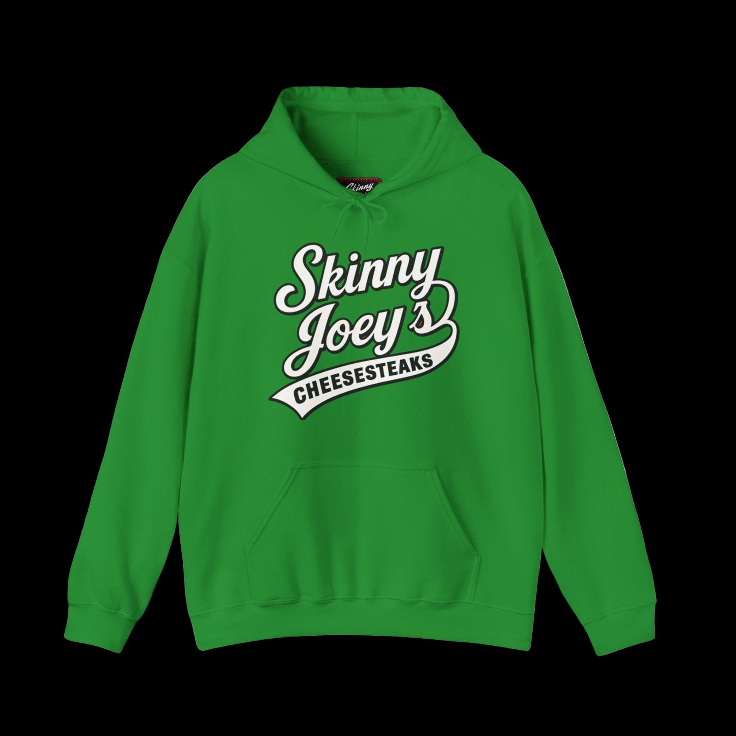 Green hoodie with 'Skinny Joey's Cheesesteaks' text on a white background