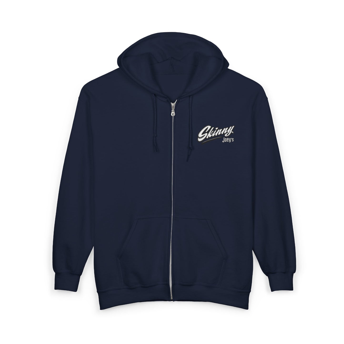 Skinny Joey's Full-Zip Hoodie — Vintage Script Logo Zip-Up Sweatshirt