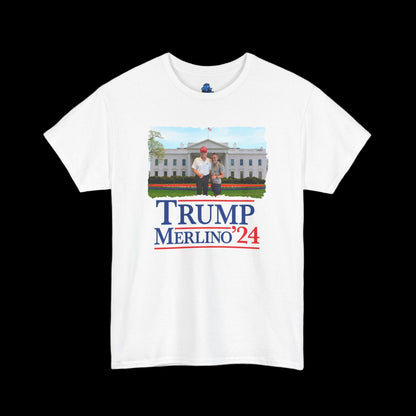 White t-shirt with graphic of a man and child in front of a white building, with 'TRUMP MERLINO'24' text.