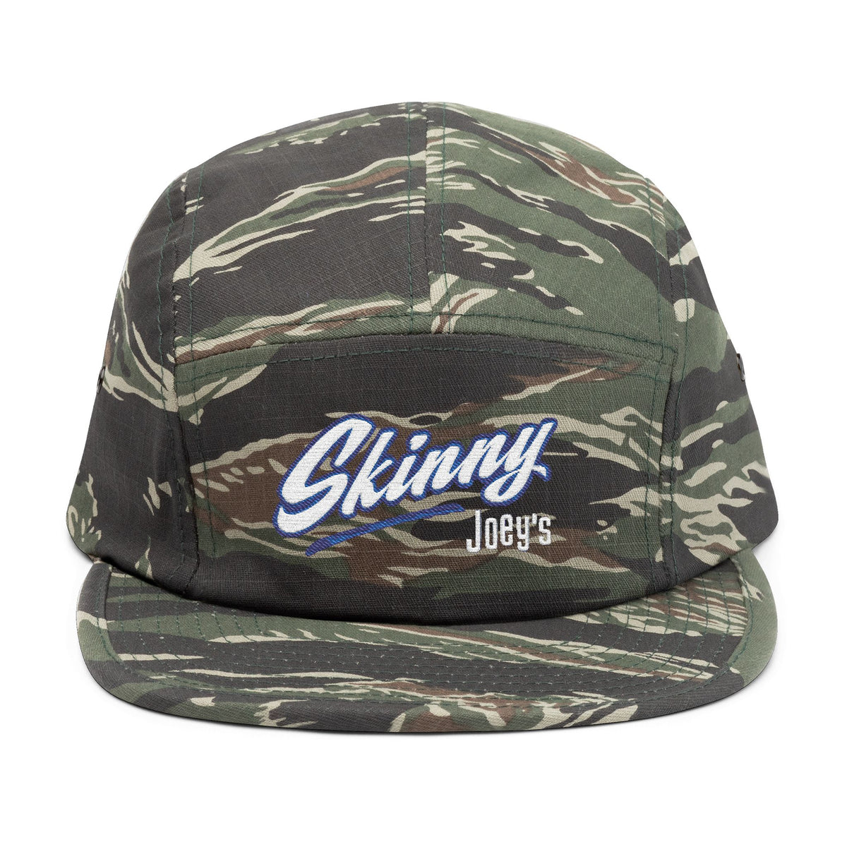 Skinny Joey's embroidered 5-panel cap in green camo, Italian American mafia-inspired apparel