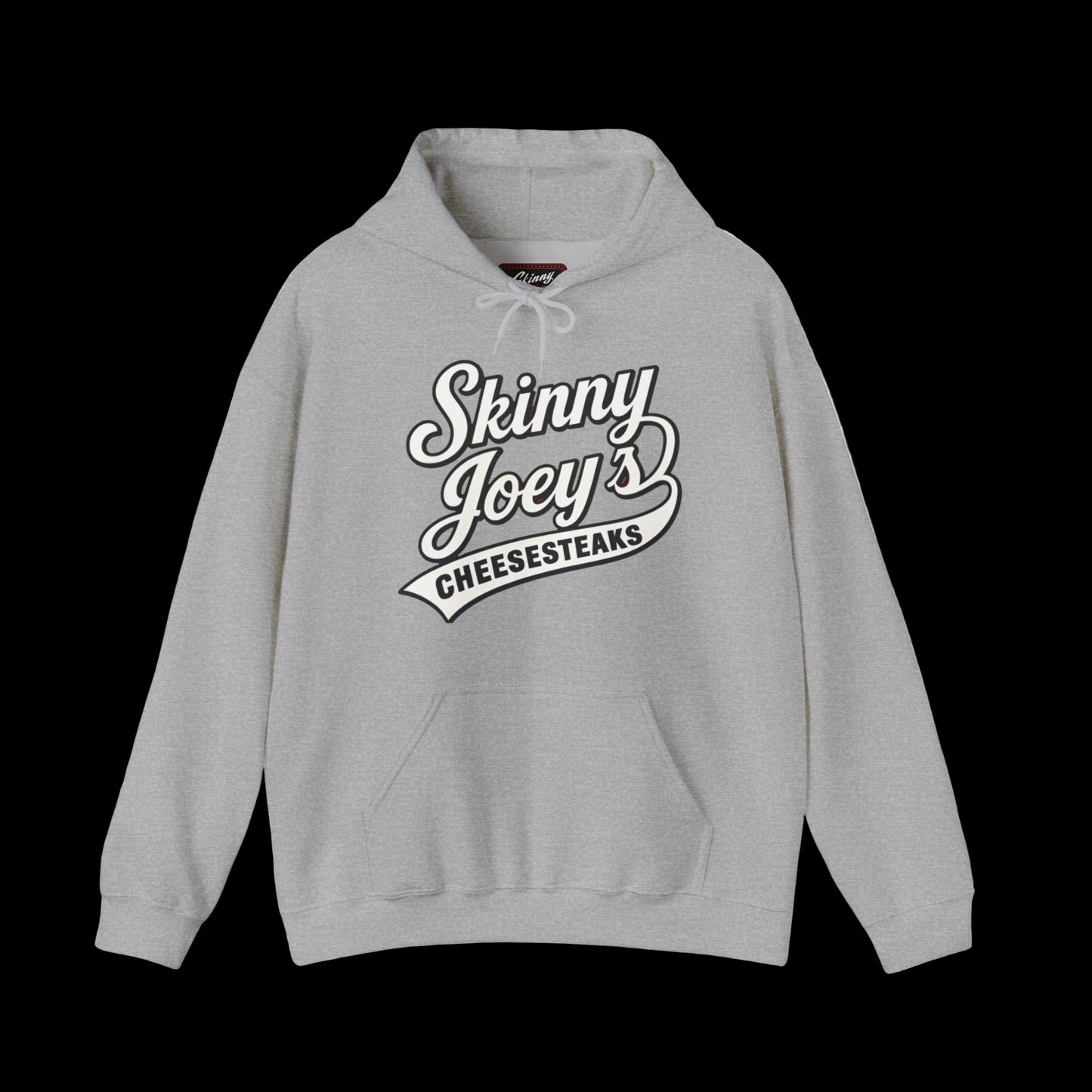 Gray hoodie with 'Skinny Joey's Cheesesteaks' text on a white background