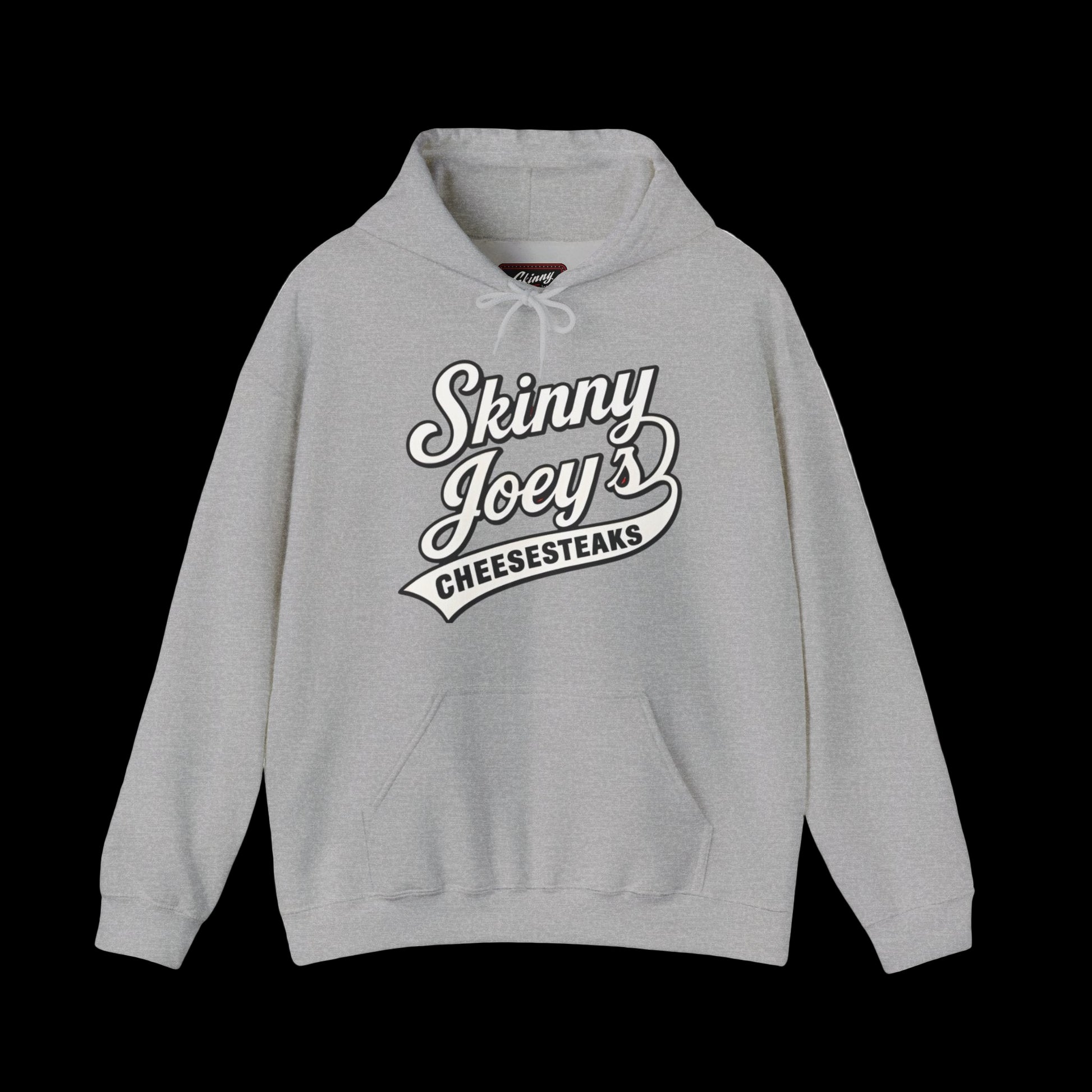 Gray hoodie with 'Skinny Joey's Cheesesteaks' text on a white background