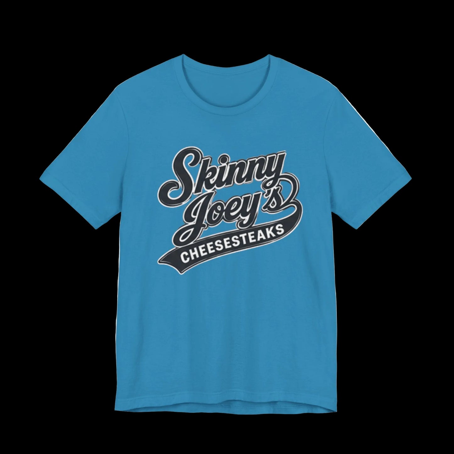 Blue t-shirt with 'Skinny Joey's Cheesesteaks' text on a white background